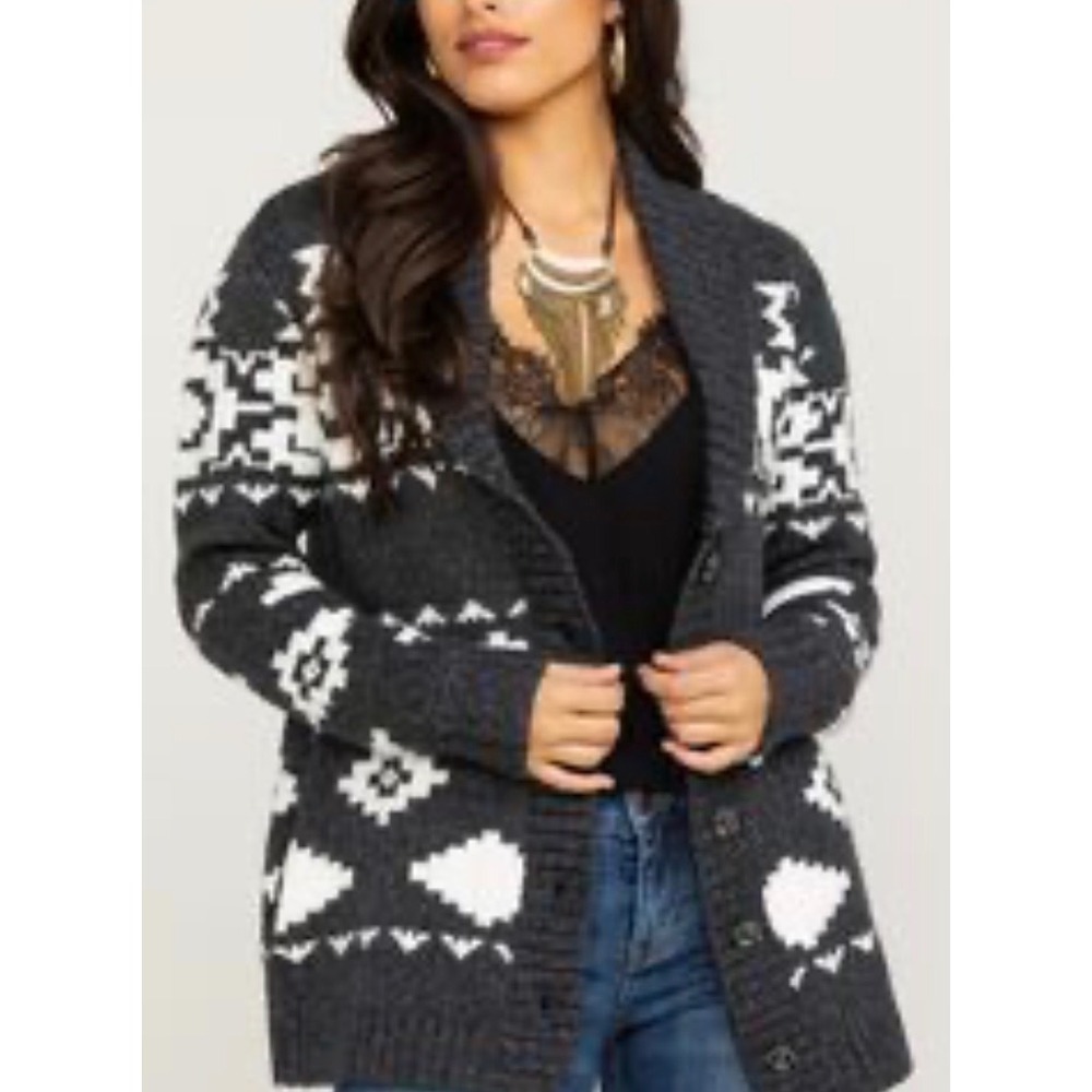 Idyllwind Hunter Cozy Town Cardigan Dark Gray Aztec Chunky Knit Sweater L